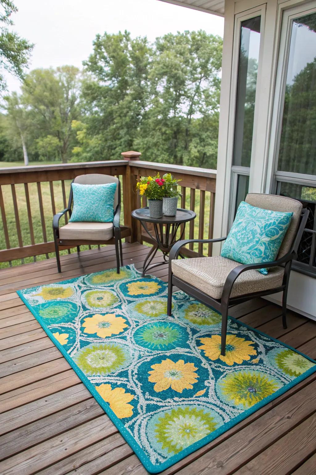 A decorative rug adds personality and coziness to your deck.