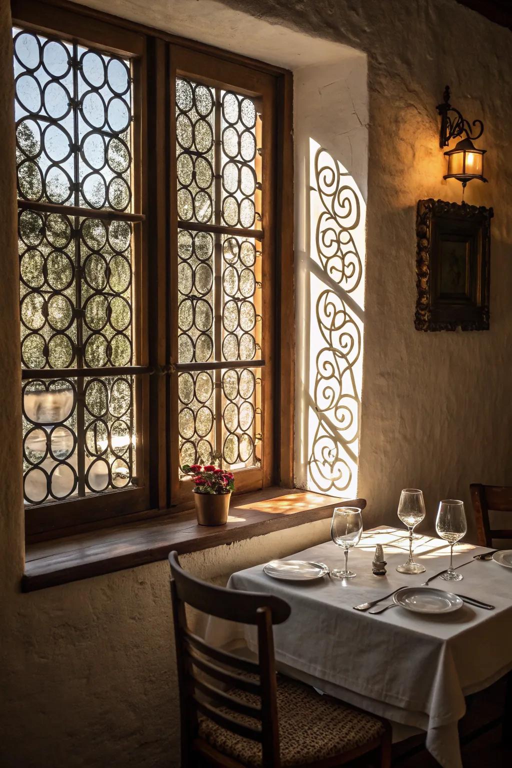 Patterned screens add unique design charm to the window.