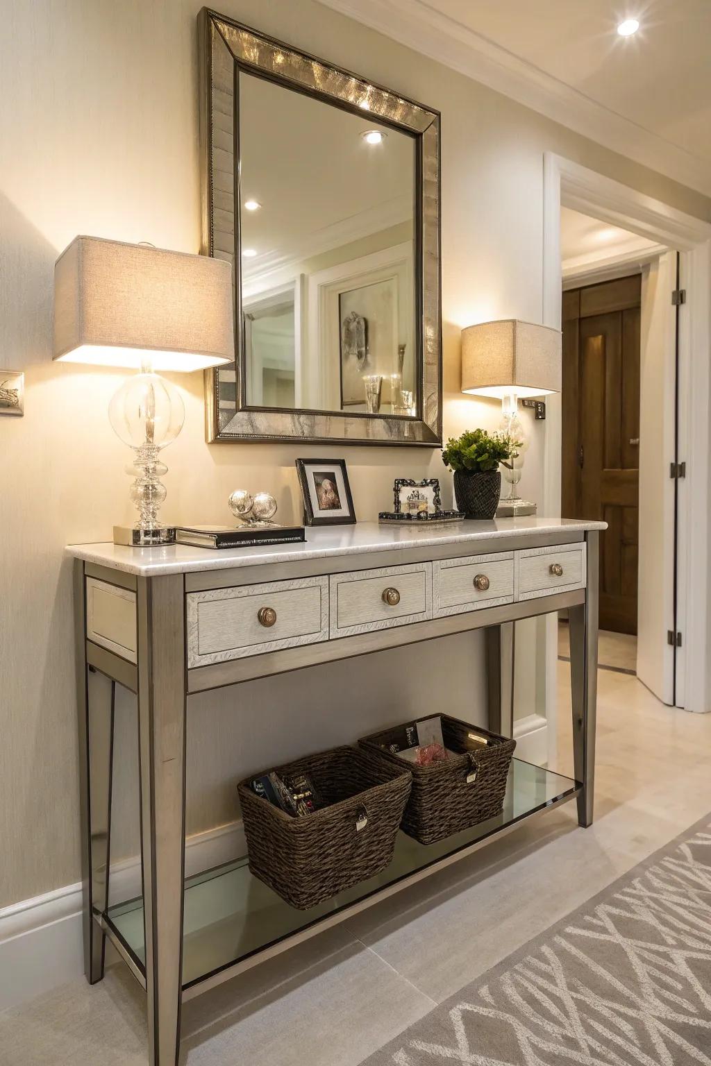 A chic console table seamlessly combines storage and style.