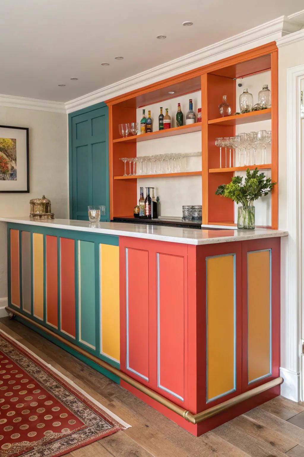 Strong hues turn a drink station into a focal point.