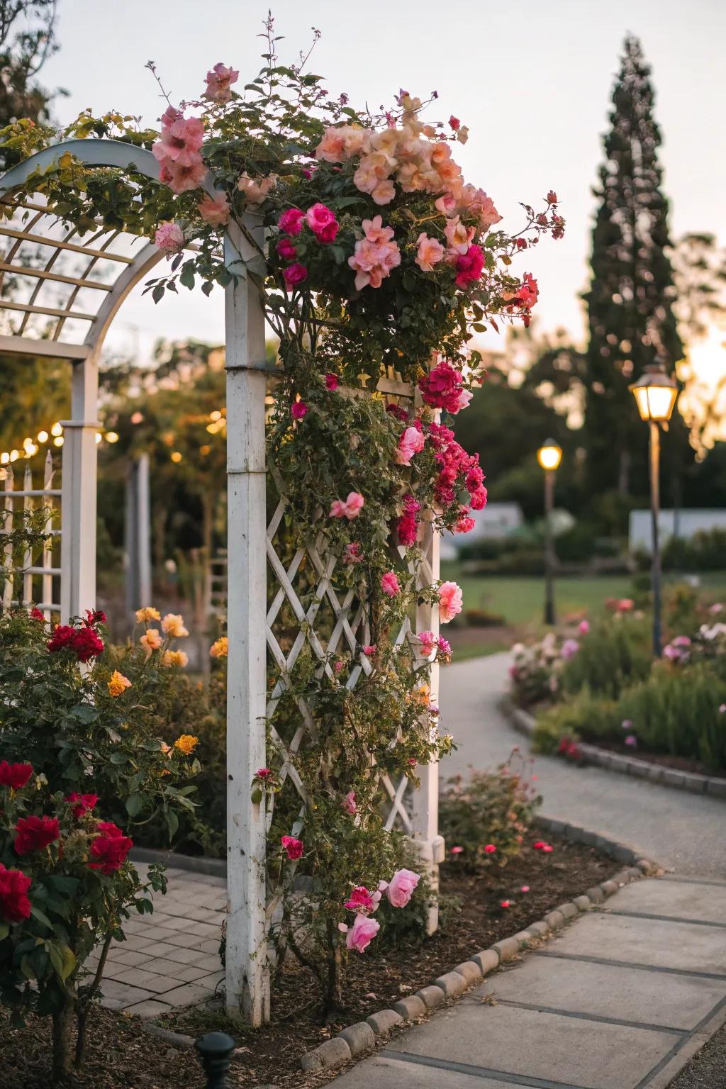A small flower bed elevated by a trellis with climbing blossoms.
