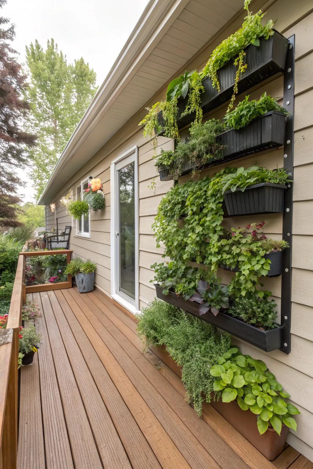Wall-secured greenery containers maximize vertical dimension.