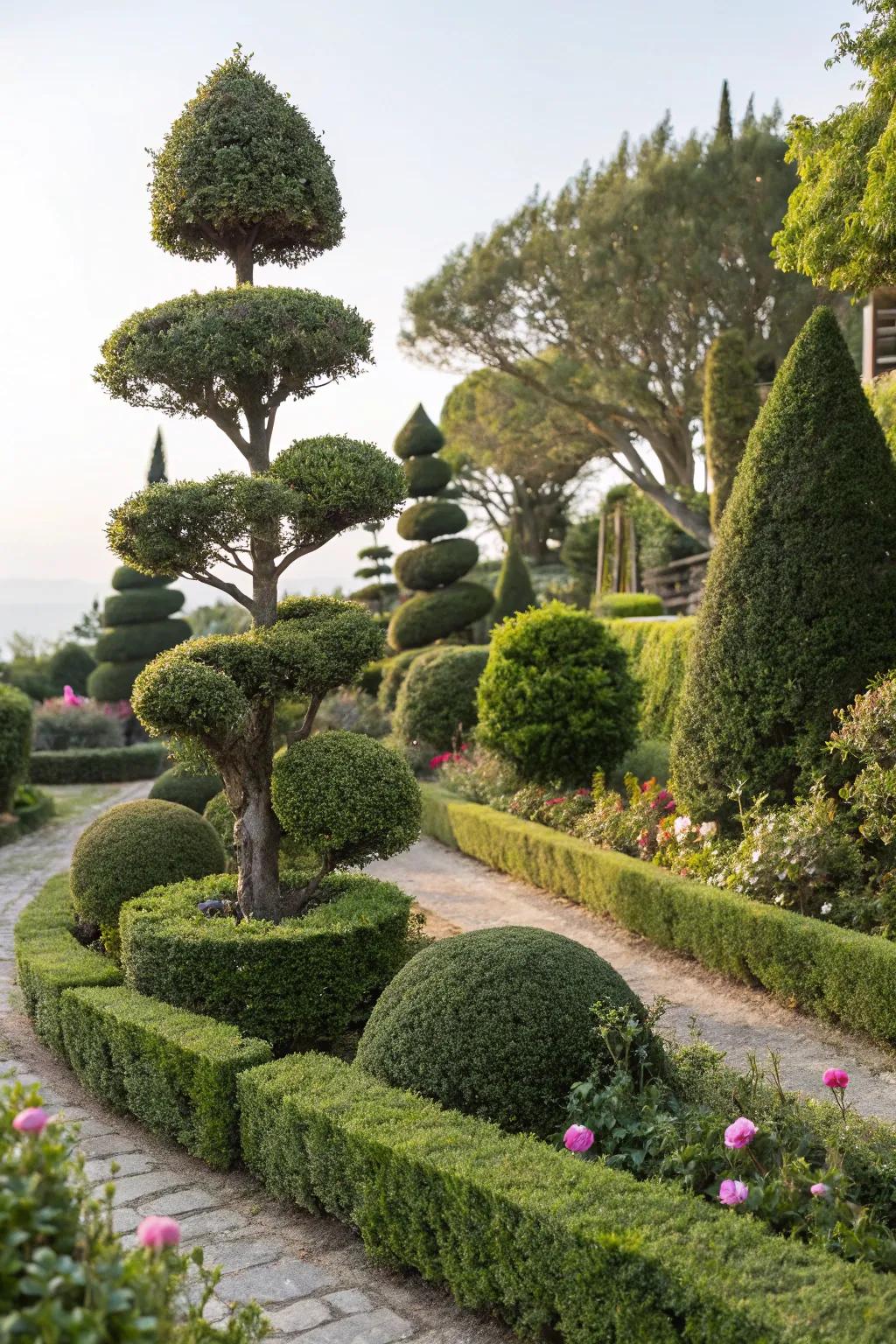 Small-scale sculpted hedges providing an artistic touch.