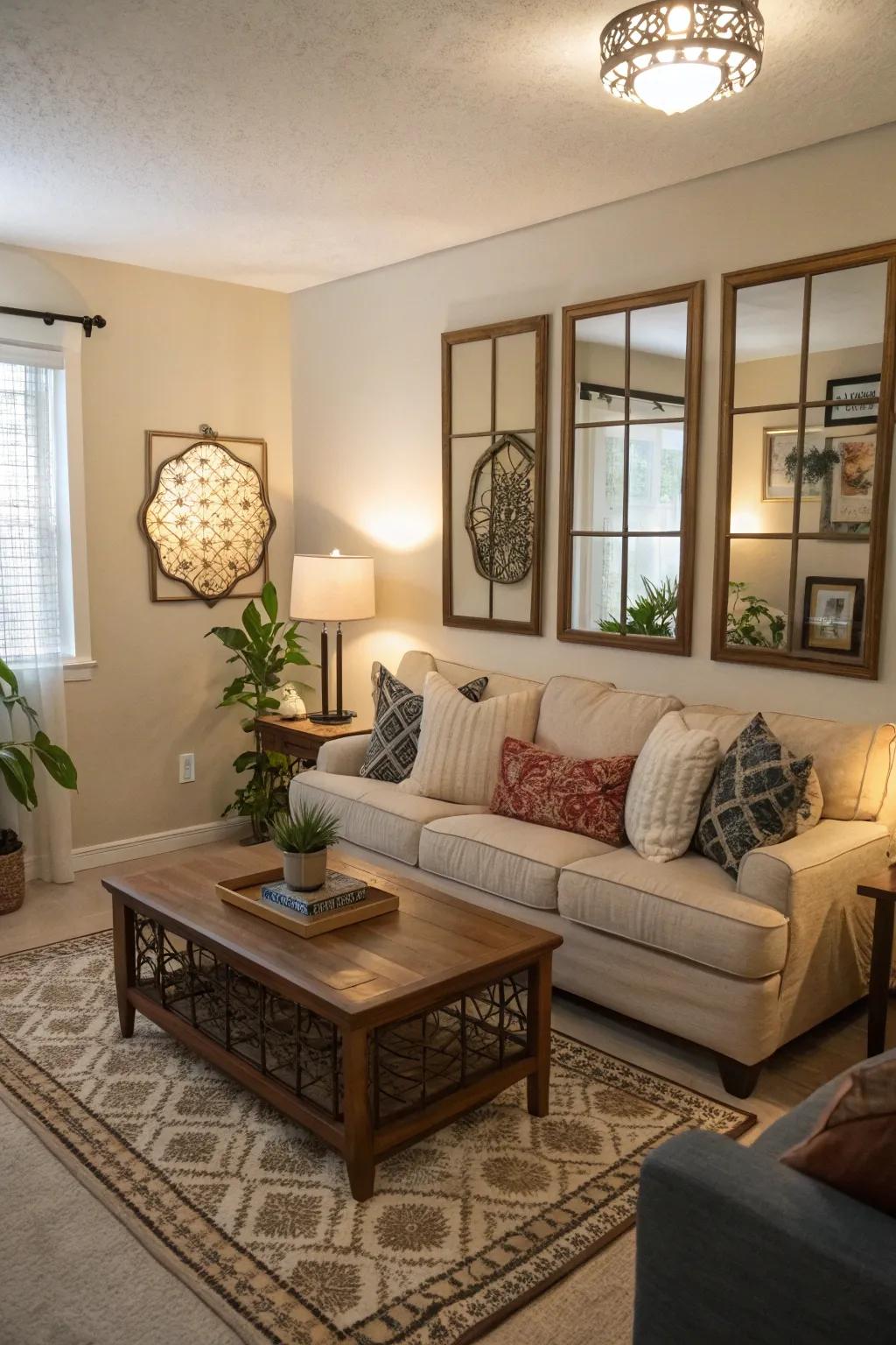 Strategically placed mirrors enhance the space in a small living room.