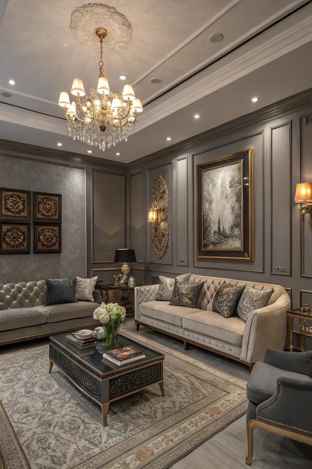 A small living space with gray walls for a touch of elegance.
