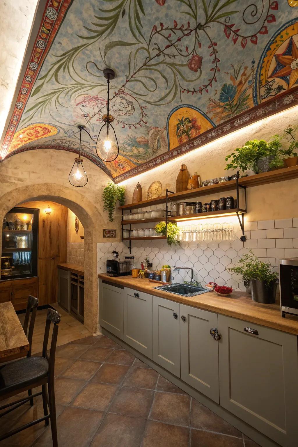 Roof murals introduce personality and artistic flair to compact cooking areas.
