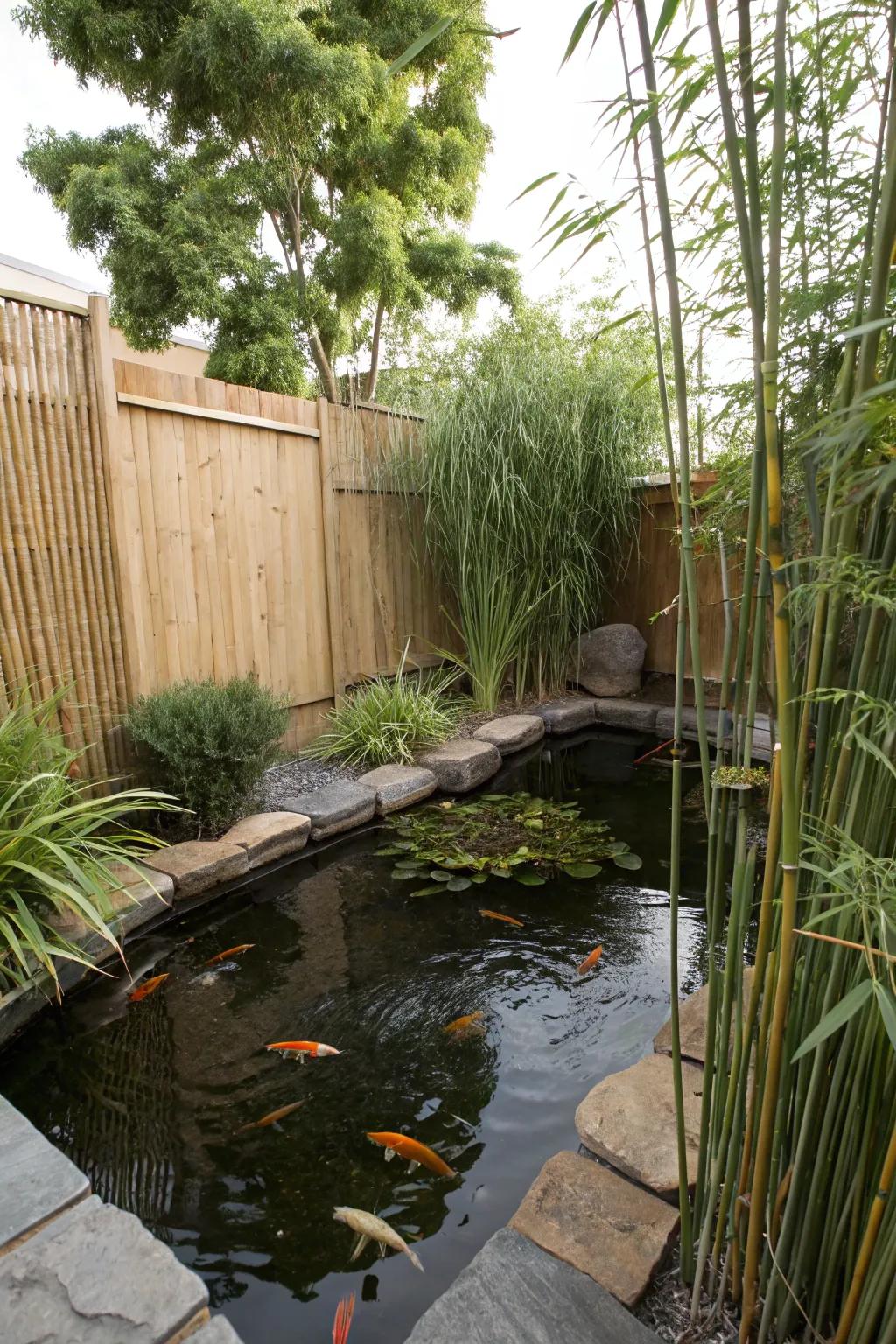 A secluded koi pond with privacy-enhancing plantings.