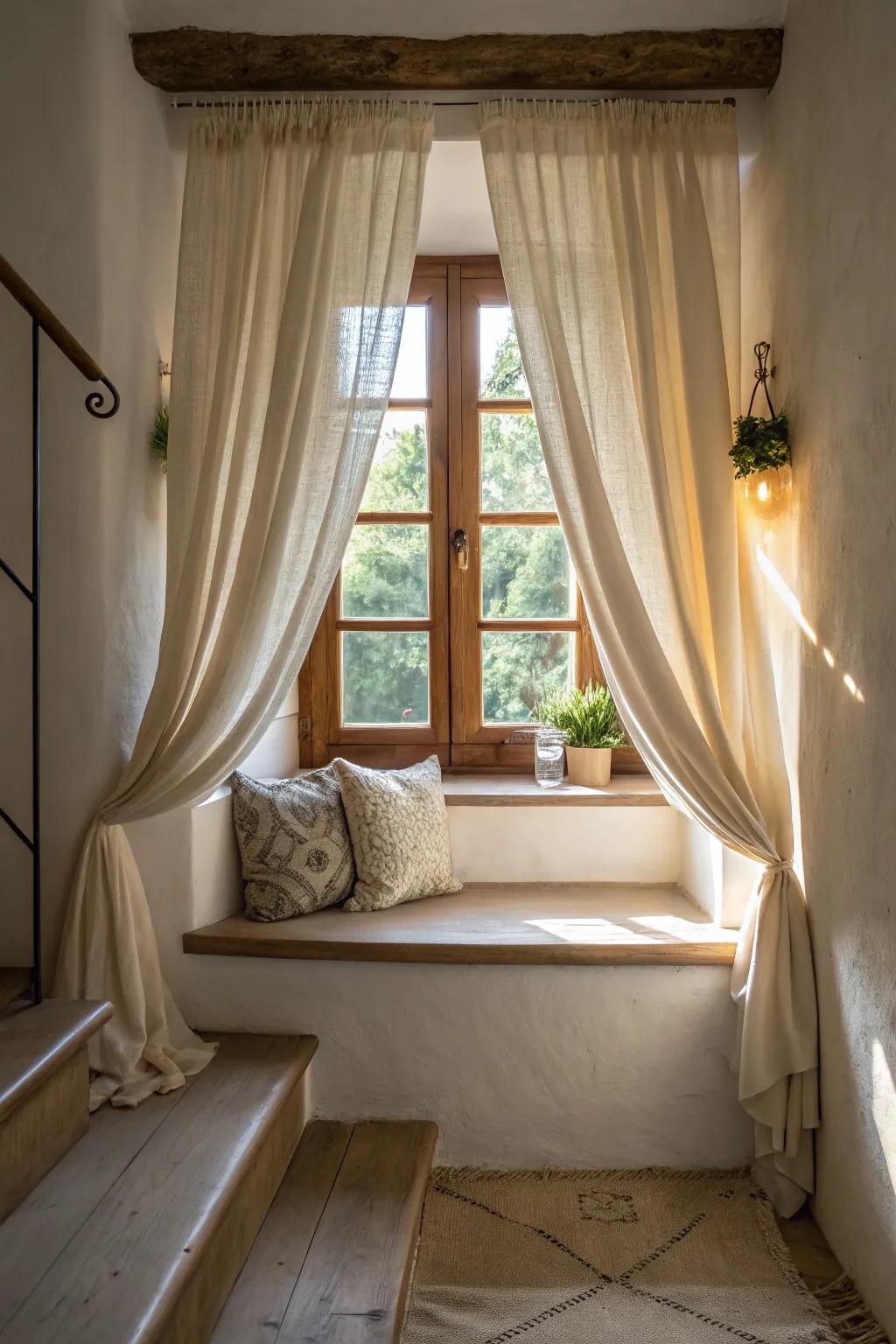 Window treatments incorporate elegance and illumination management into compact areas.