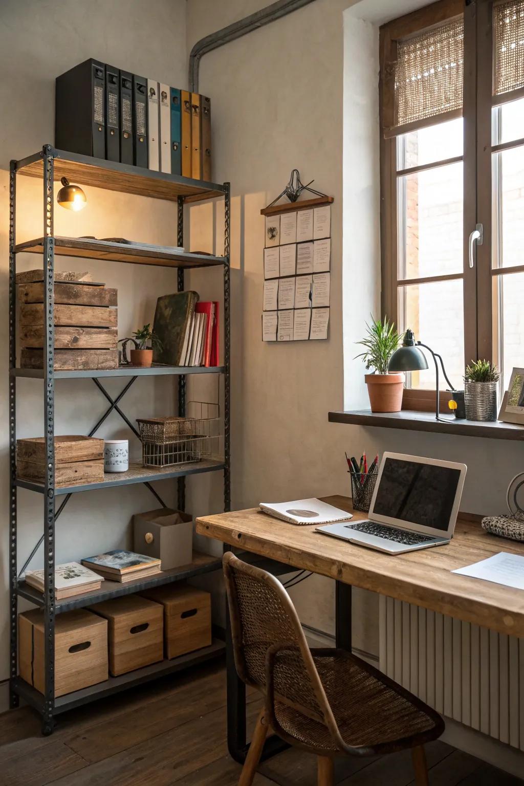 Mixed textures bring depth and character to a small office.