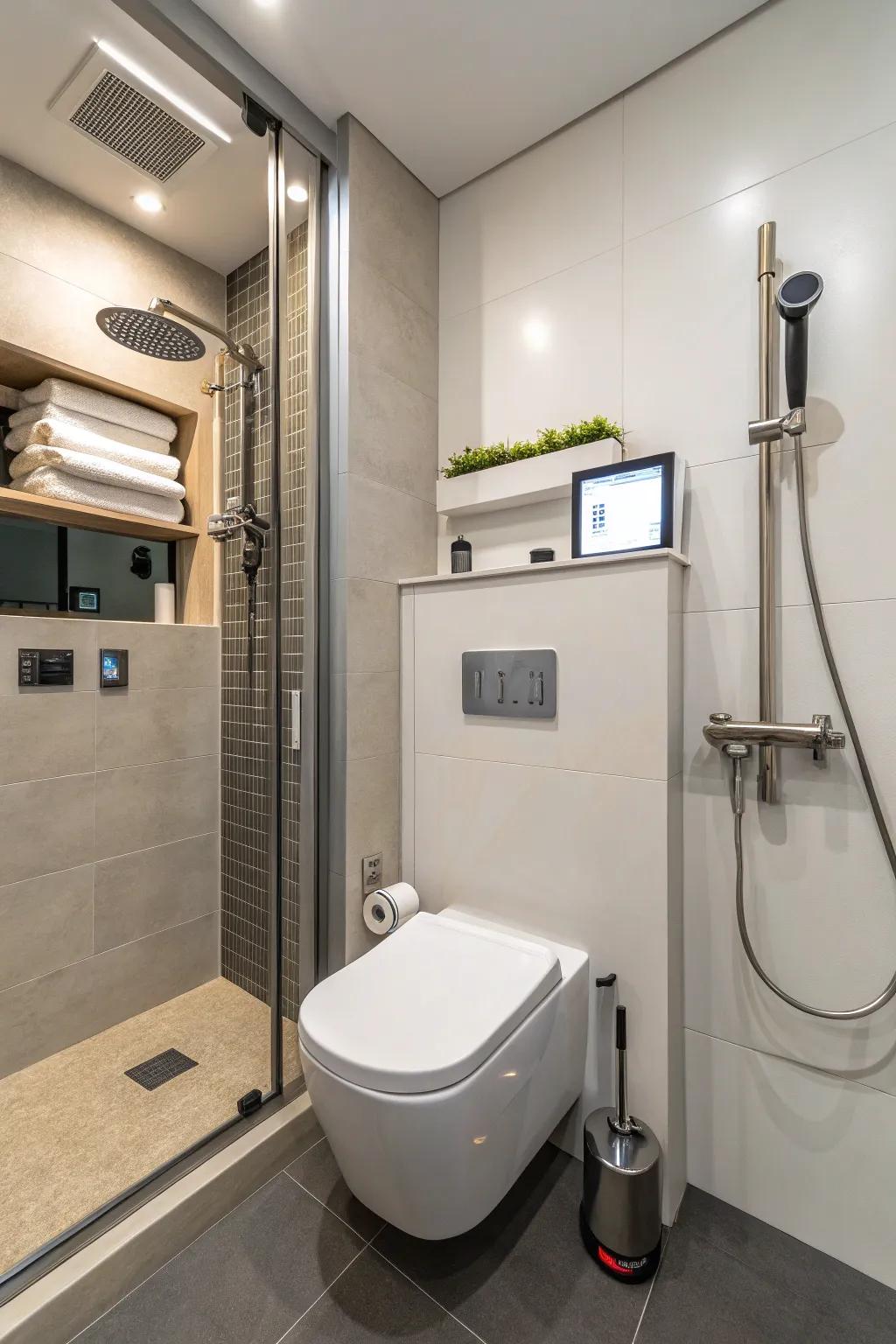 High-tech features bring a touch of luxury to this small bathroom.
