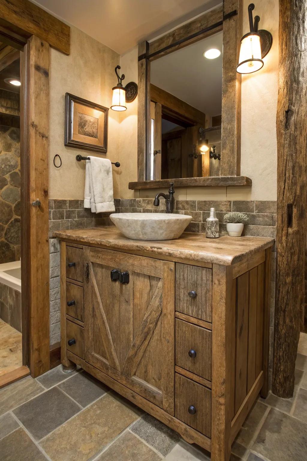 Reclaimed old timber adds personality to a bathroom.