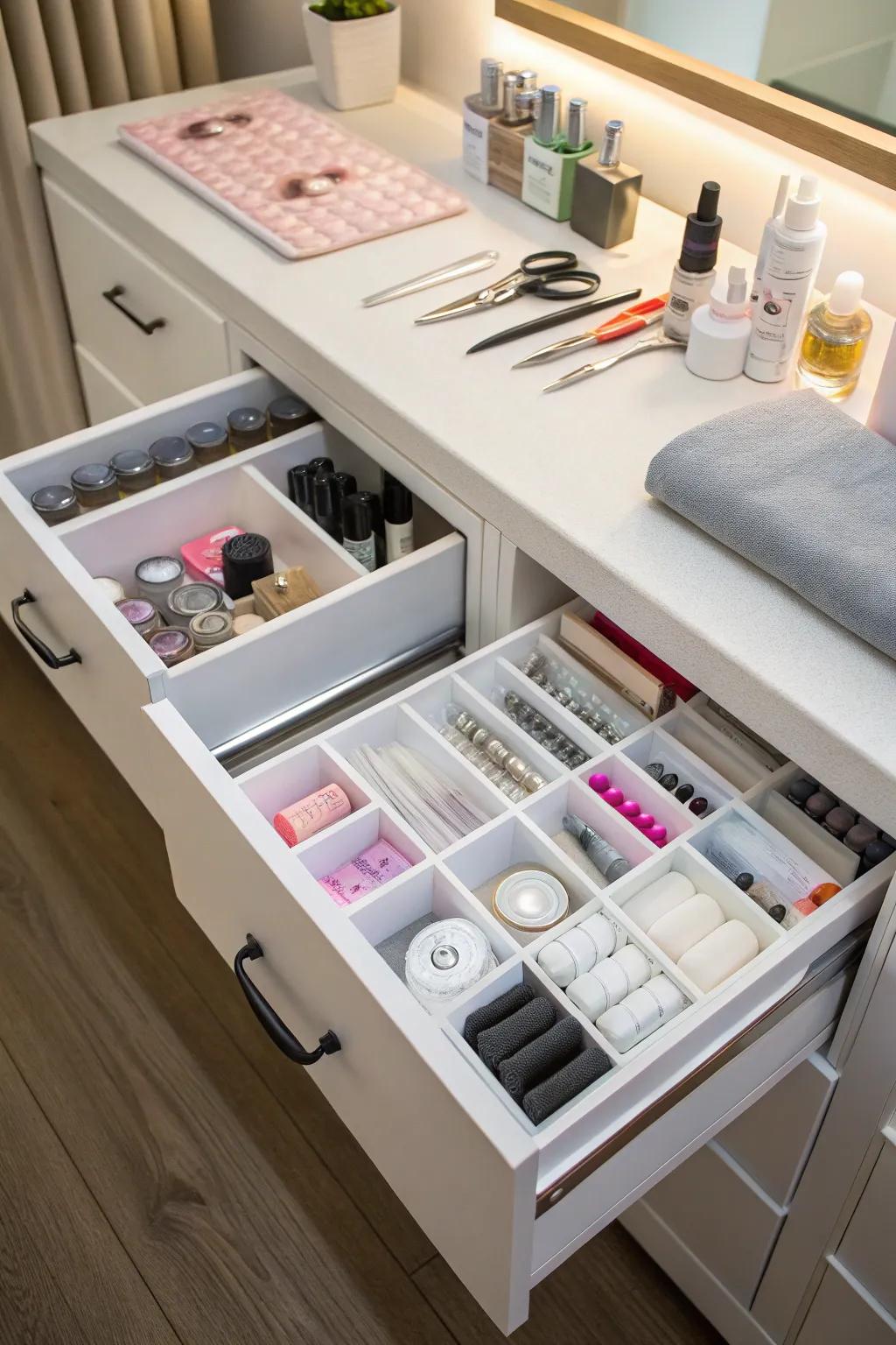 Having arranged storage helps keep your nail room neat and effective.