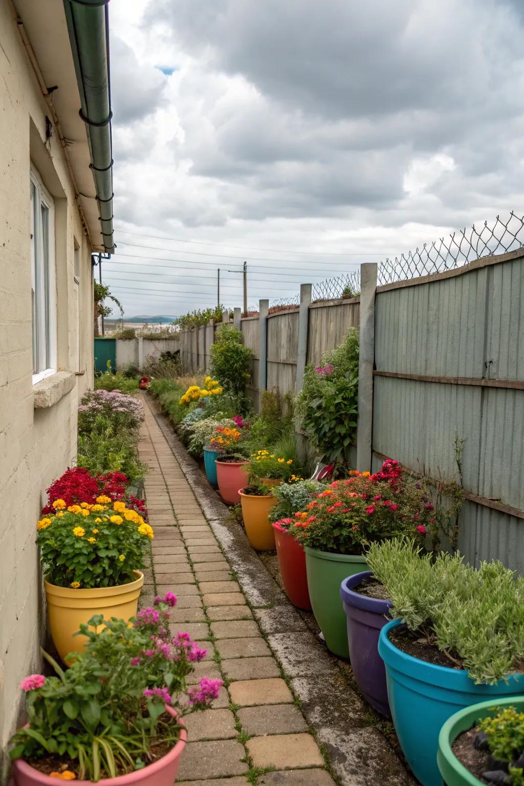 Colorful pots add personality and vibrancy to narrow side yards.