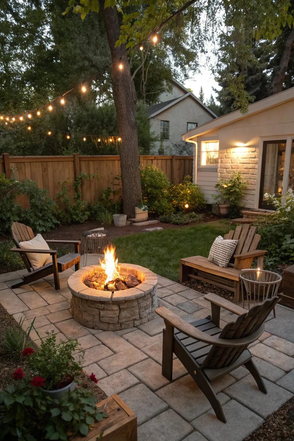 A compact hearth feature cultivates a warm and inviting gathering location.