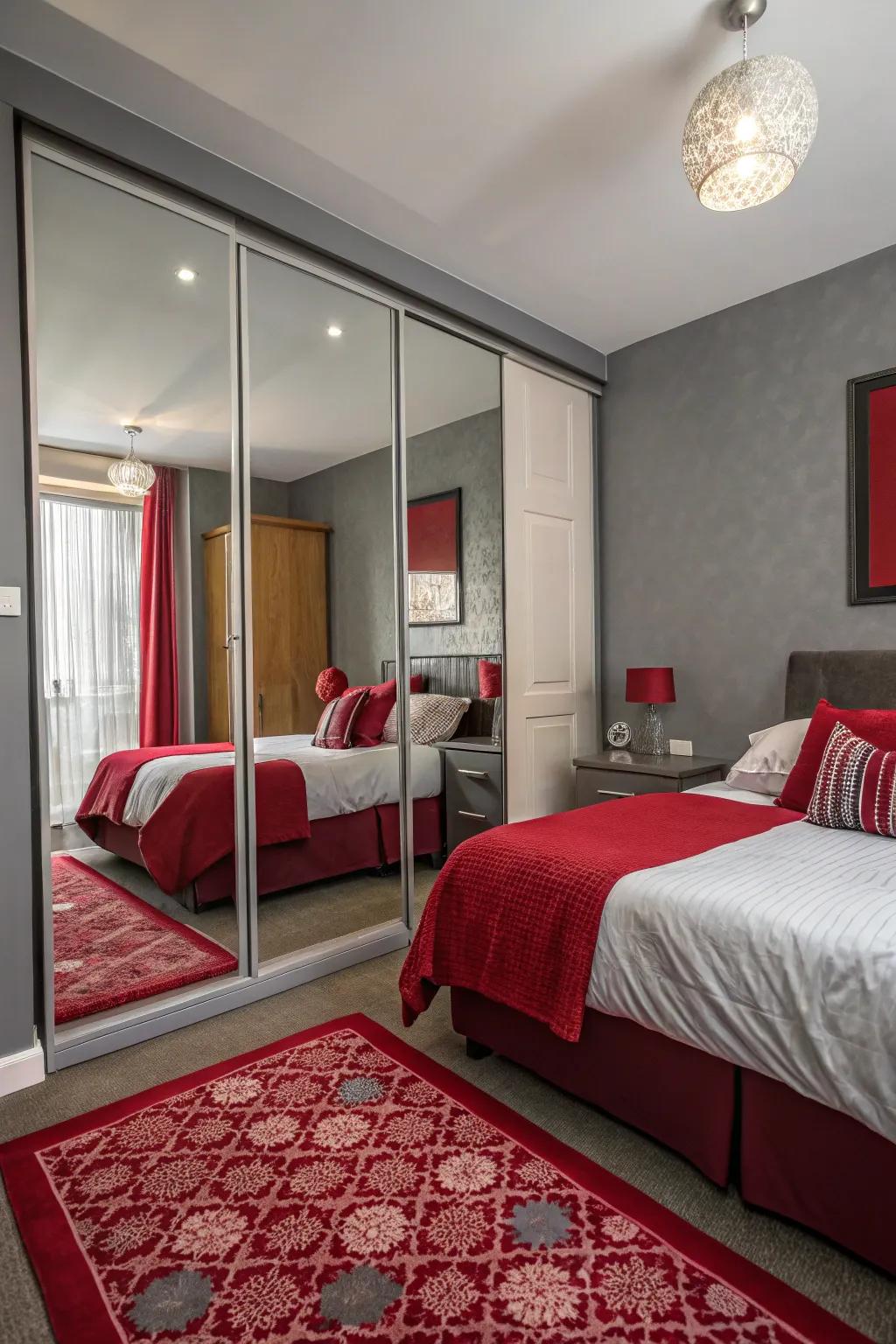 Mirrors in a small bedroom create depth and enhance the red and grey color scheme.