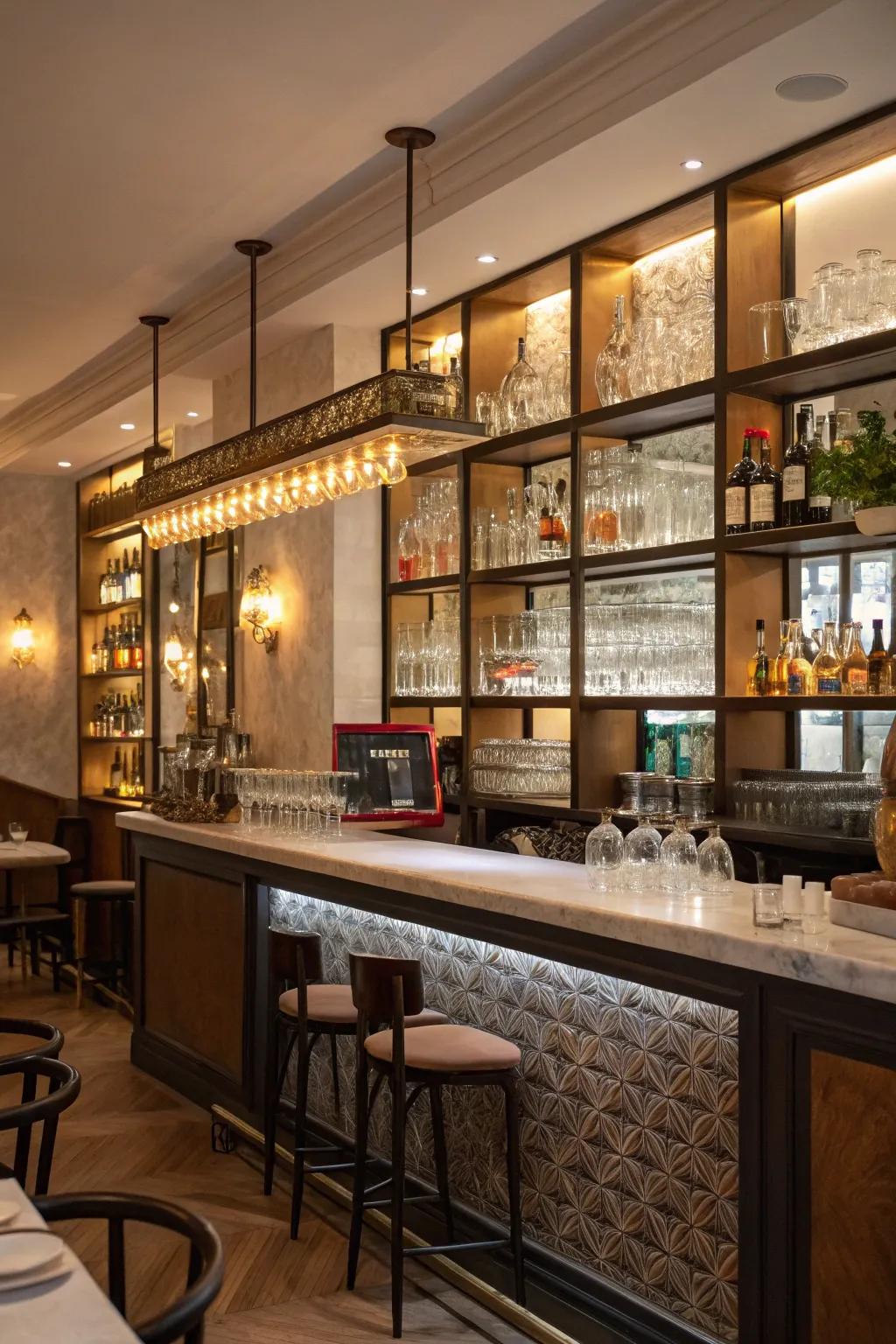 Glassware displayed imaginatively introduces visual fascination into a compact restaurant bar.