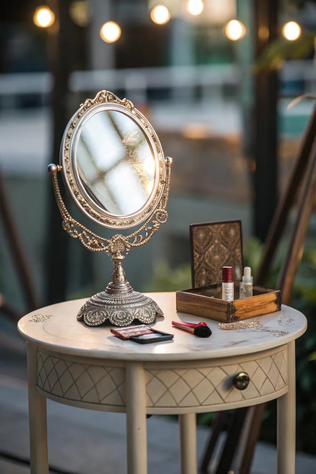 A mirror near the accent table enhances light and space.
