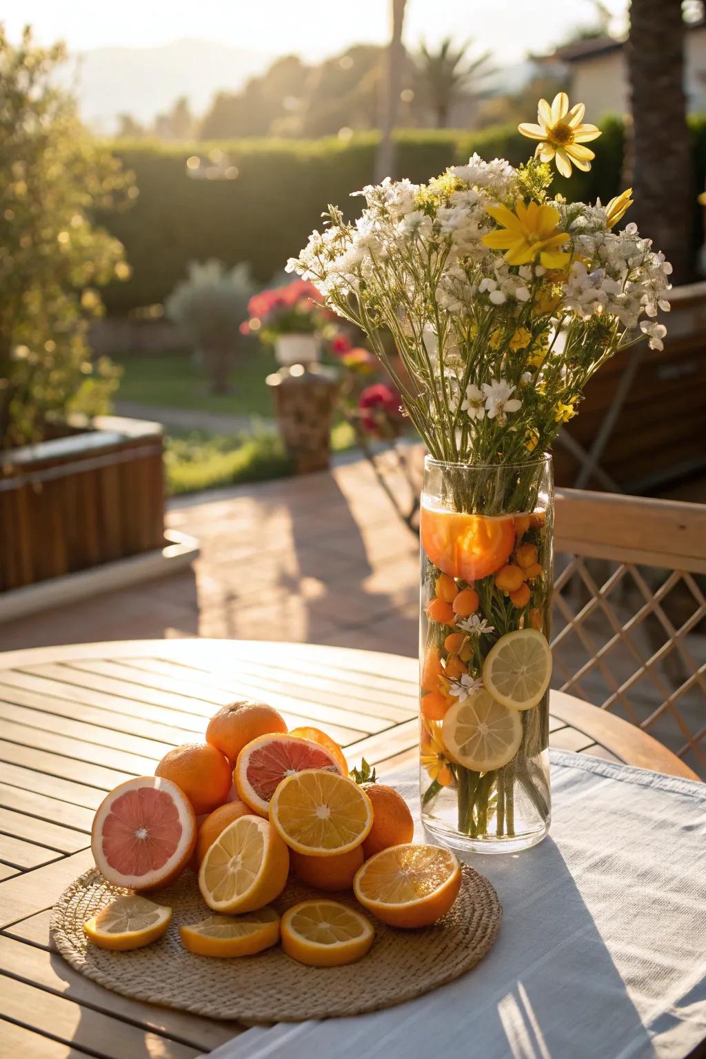 Citrus pieces mixed with flowers create a lively summer arrangement.
