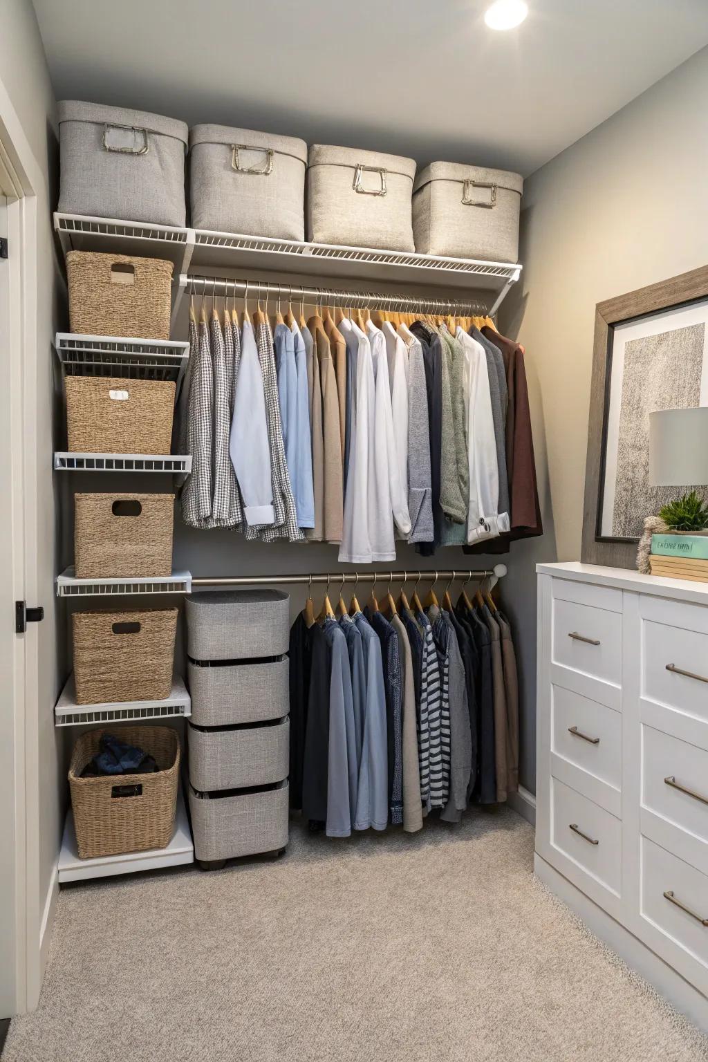 A well-organized closet featuring double hanging bars, maximizing storage.