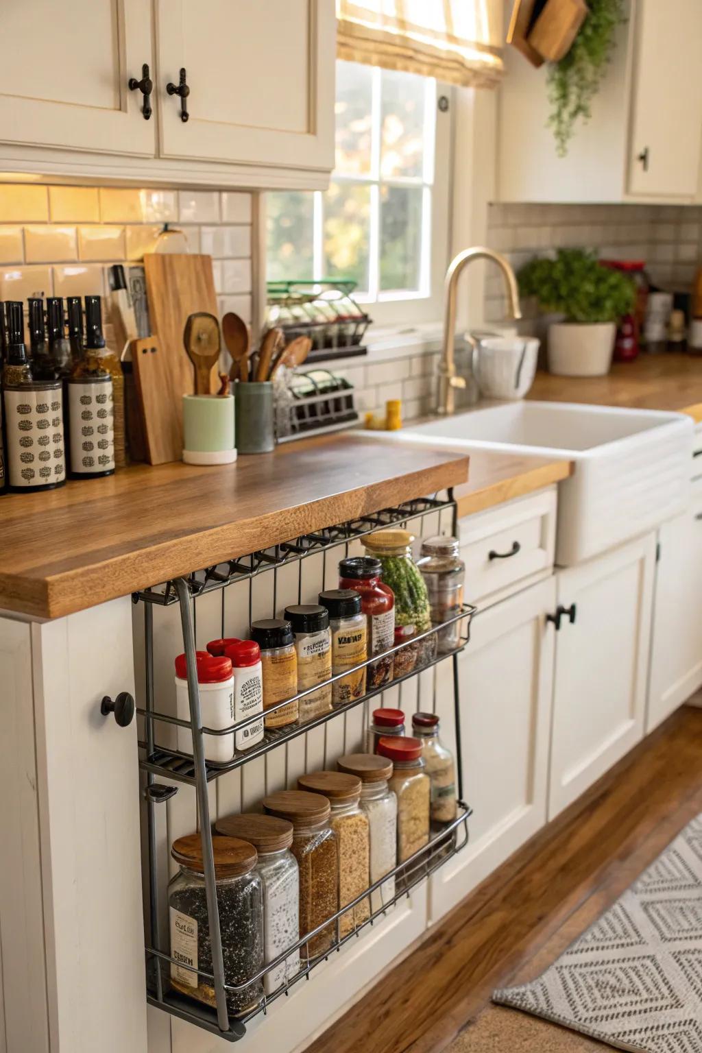 Under-cabinet racks streamline kitchen storage.