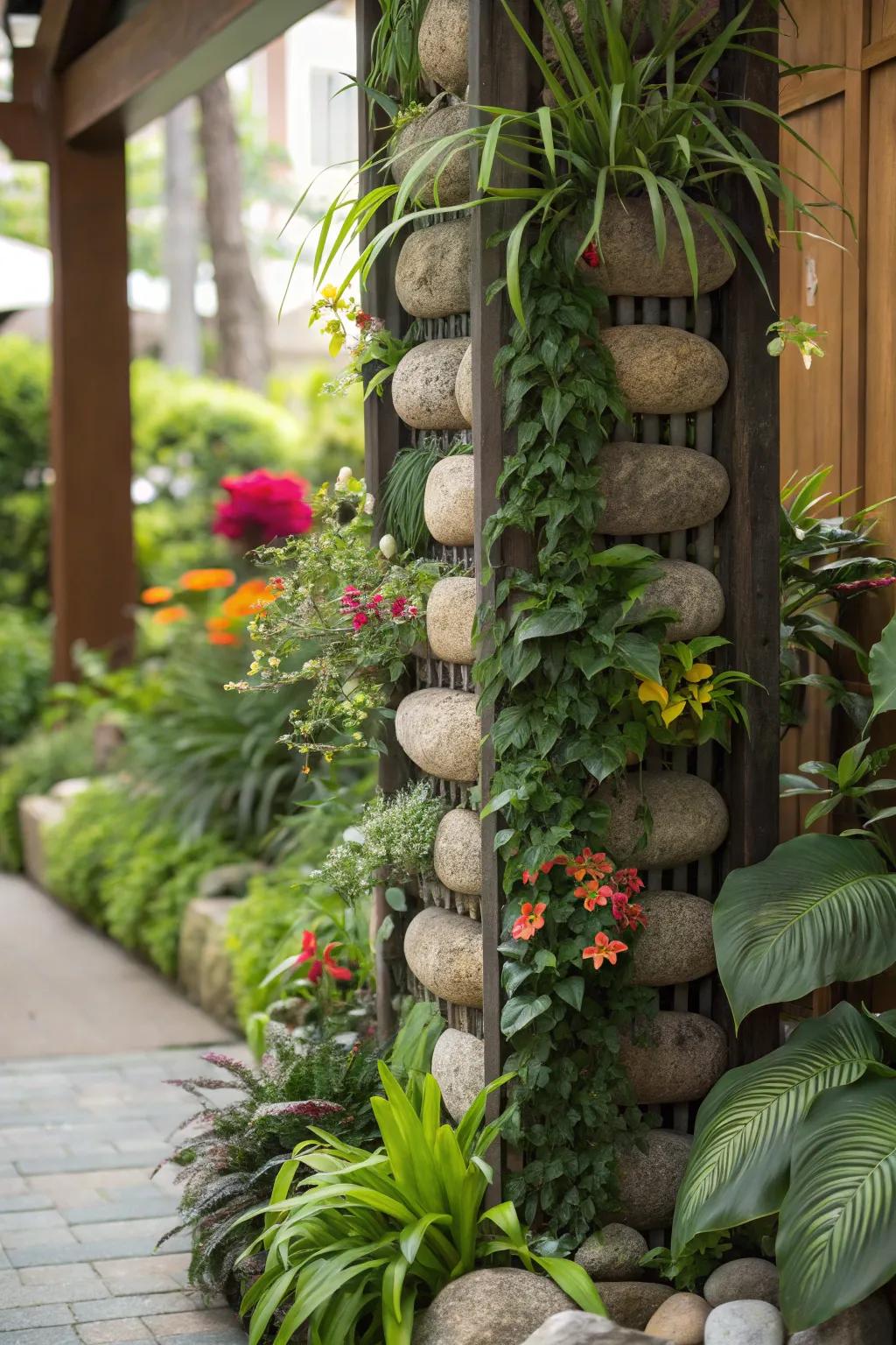 An innovative vertical garden supported by decorative stones.