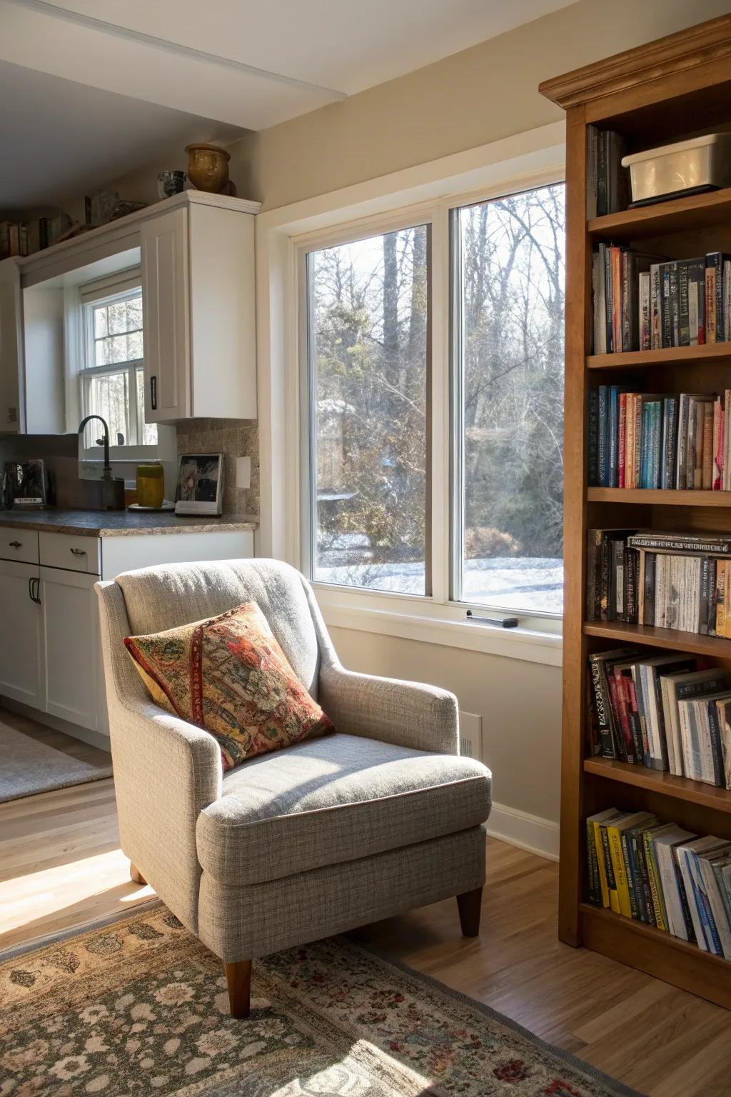 A reading nook offers a peaceful retreat.
