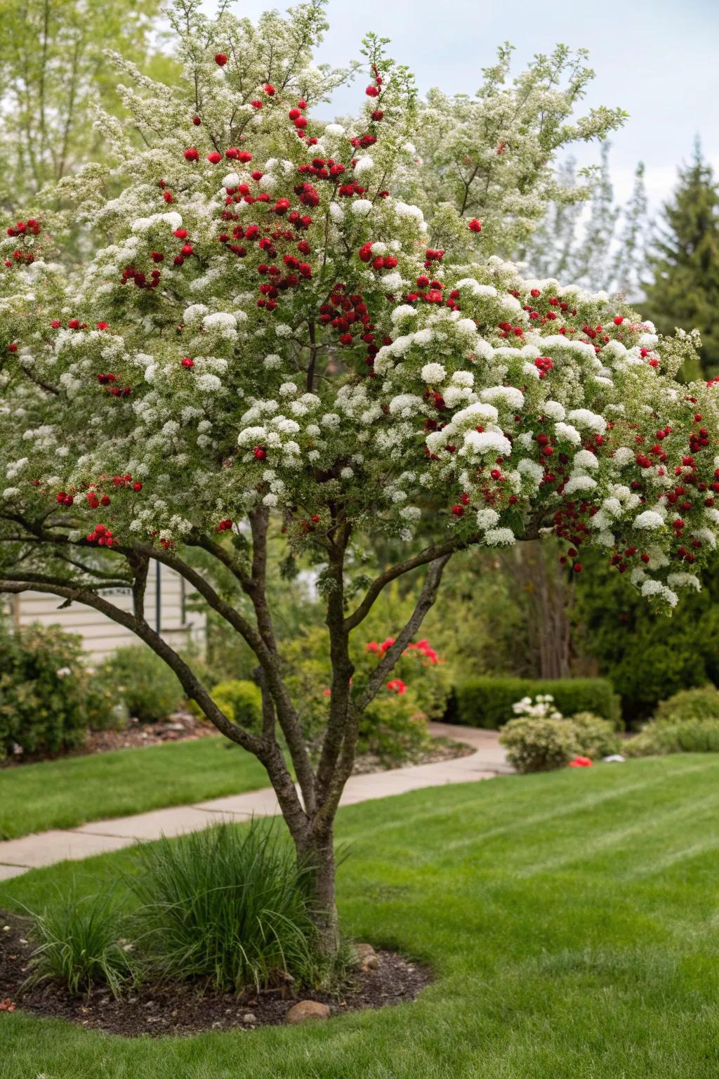 Snowbird hawthorne adding seasonal beauty to a front yard.