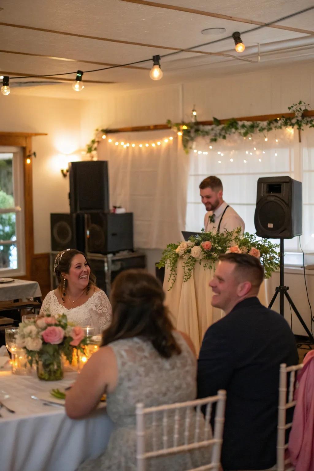 A customized musical selection setting the atmosphere for a heartfelt wedding at home.