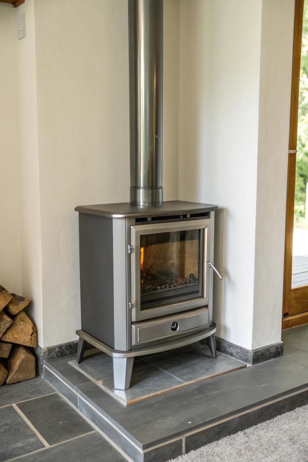 A sleek metal frame makes a modern statement with this wood stove.
