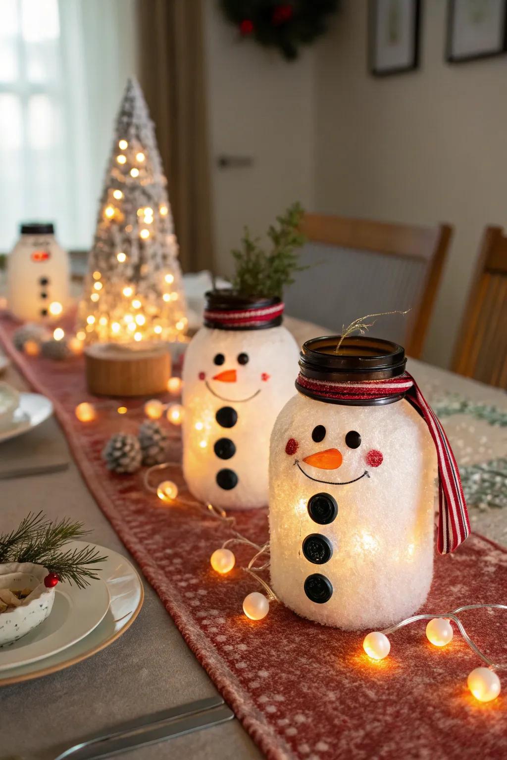 Snow figure storage jars light up any holiday setting.