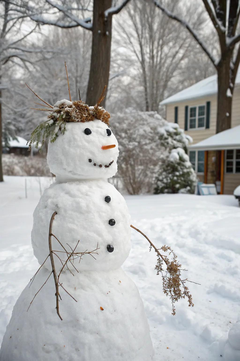 A snowman sporting a unique hairstyle made from nature.