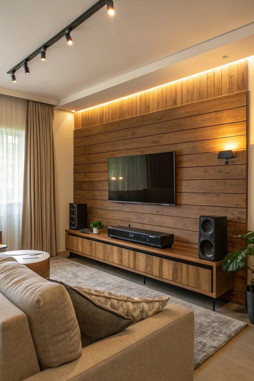Audio bar smartly integrated into a wooden interior design