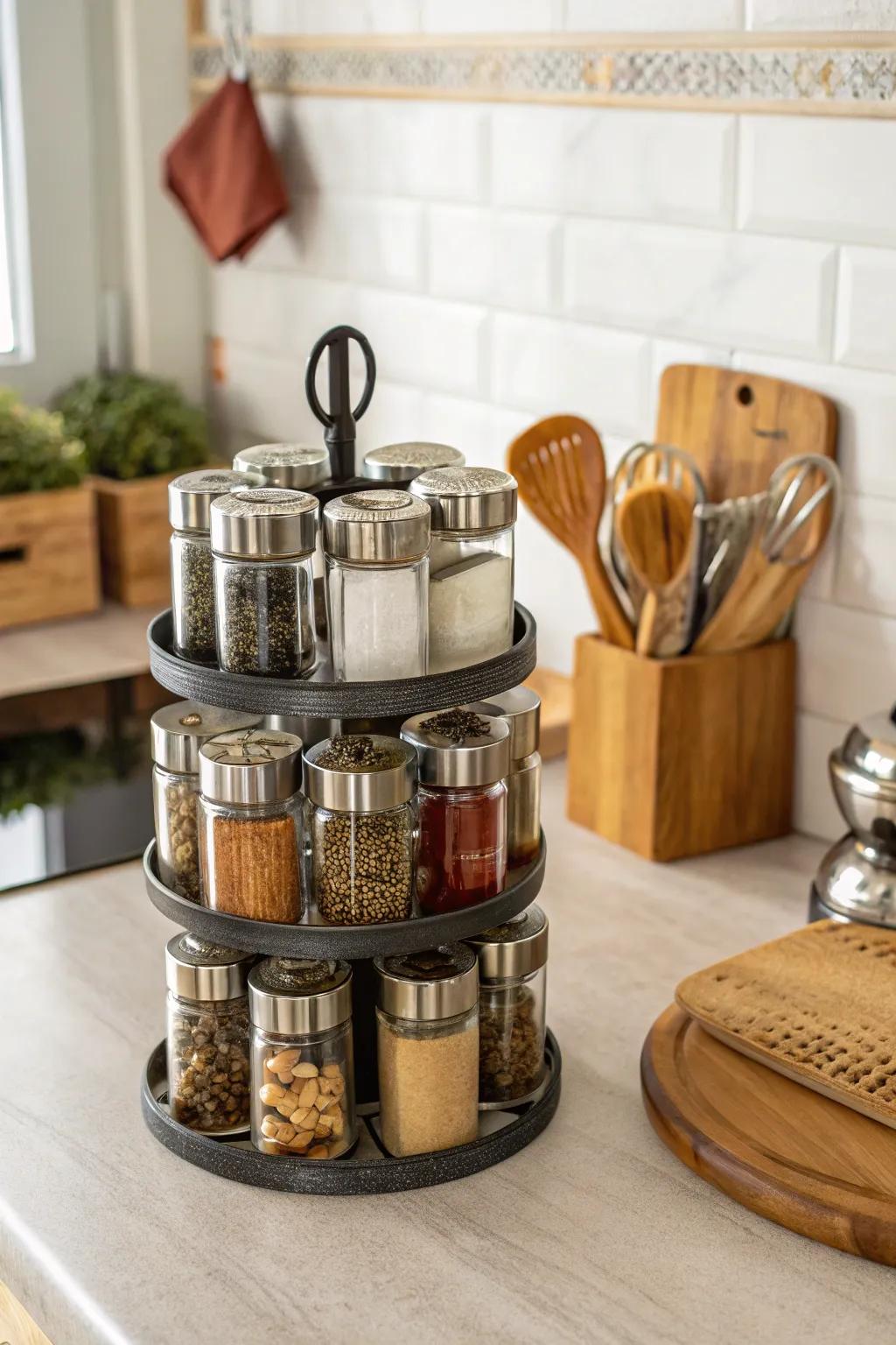 A traditional swivel spice carousel for easy access.