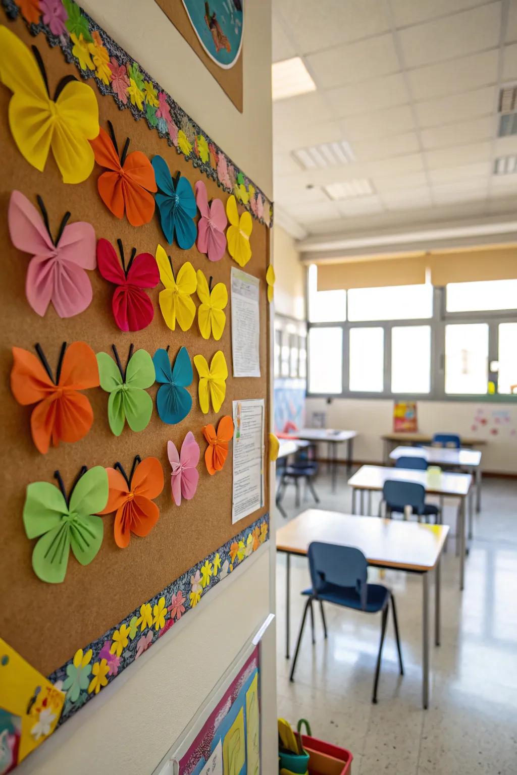 A vibrant bulletin board with coffee filter butterflies, welcoming spring’s arrival.