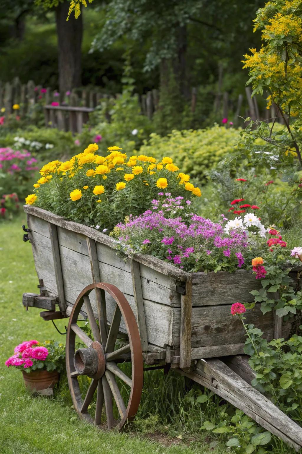 A vintage wagon turned into a charming planter.