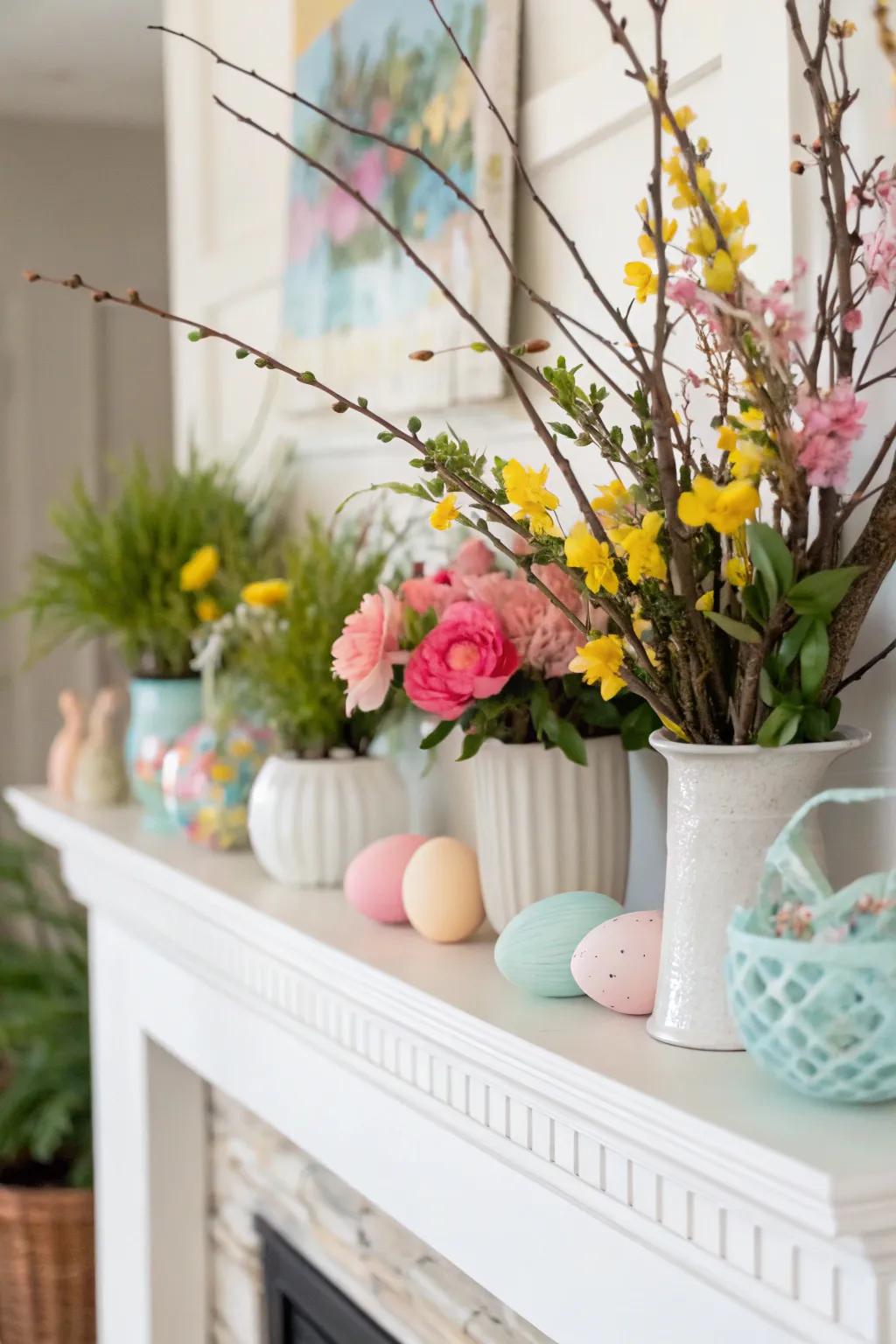 A well-decorated mantel brings a touch of spring into your living room.