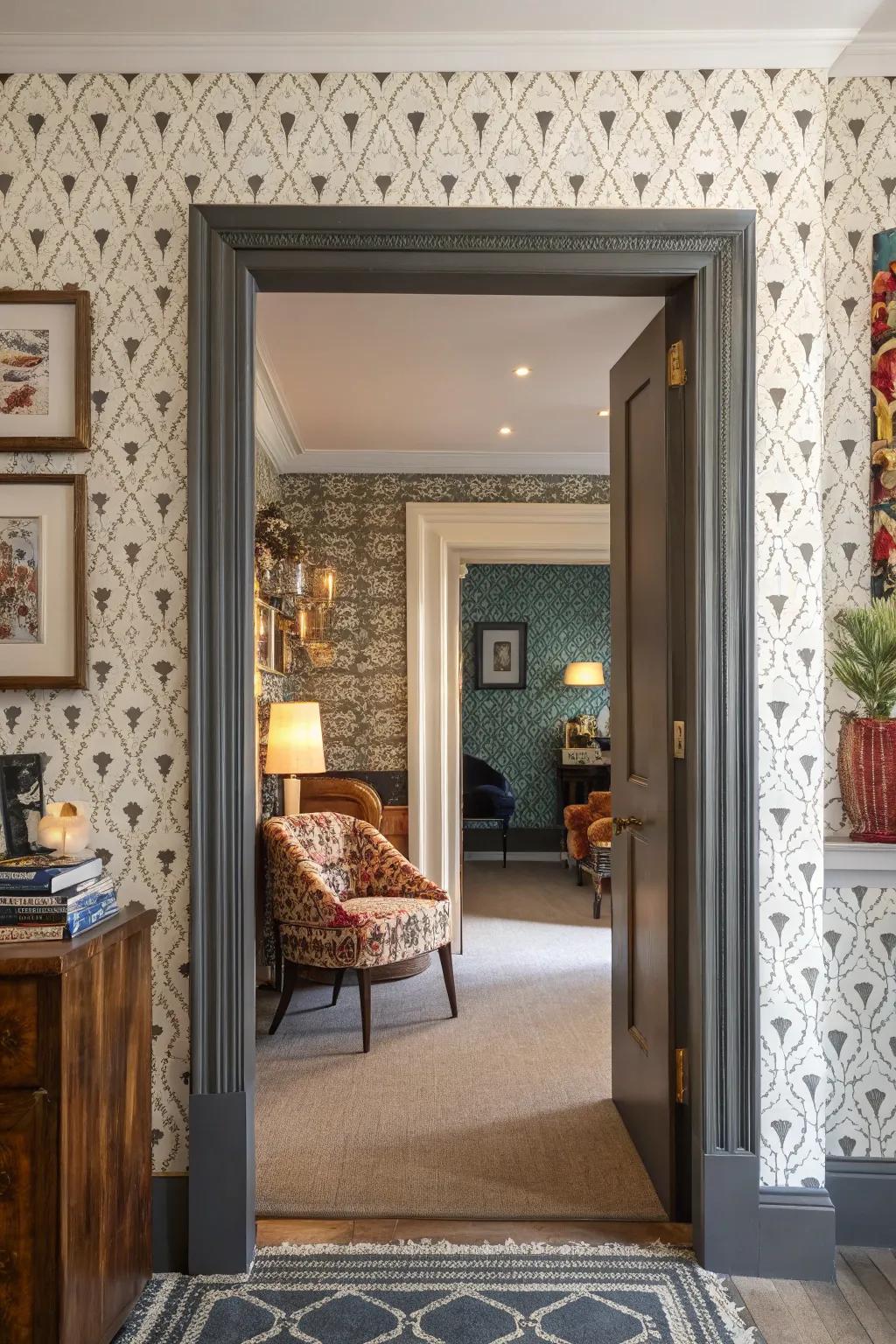 Ornamental wallpaper edging imparting pattern and intrigue.