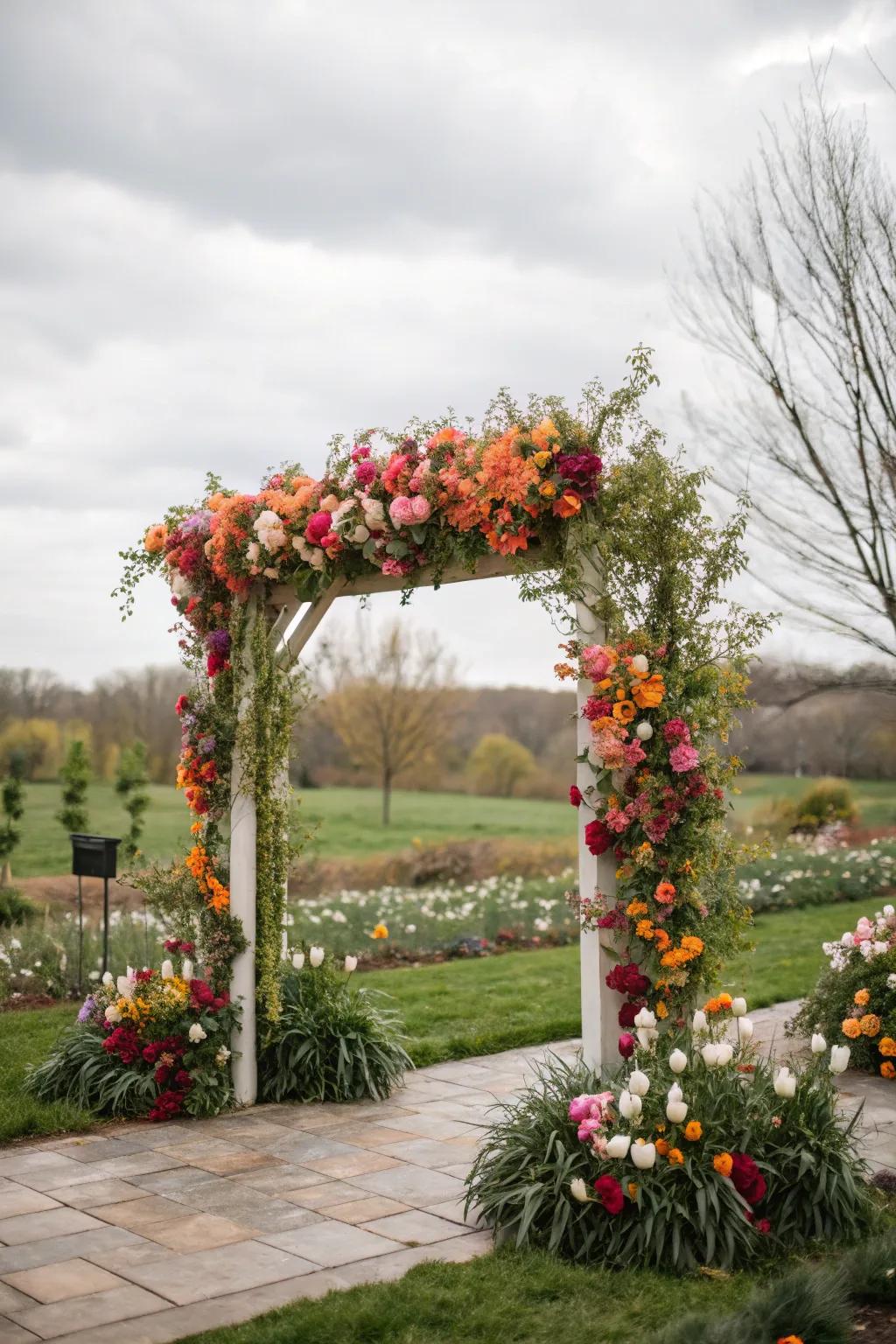 A square arch beautifully embellished using seasonal springtime flowers.
