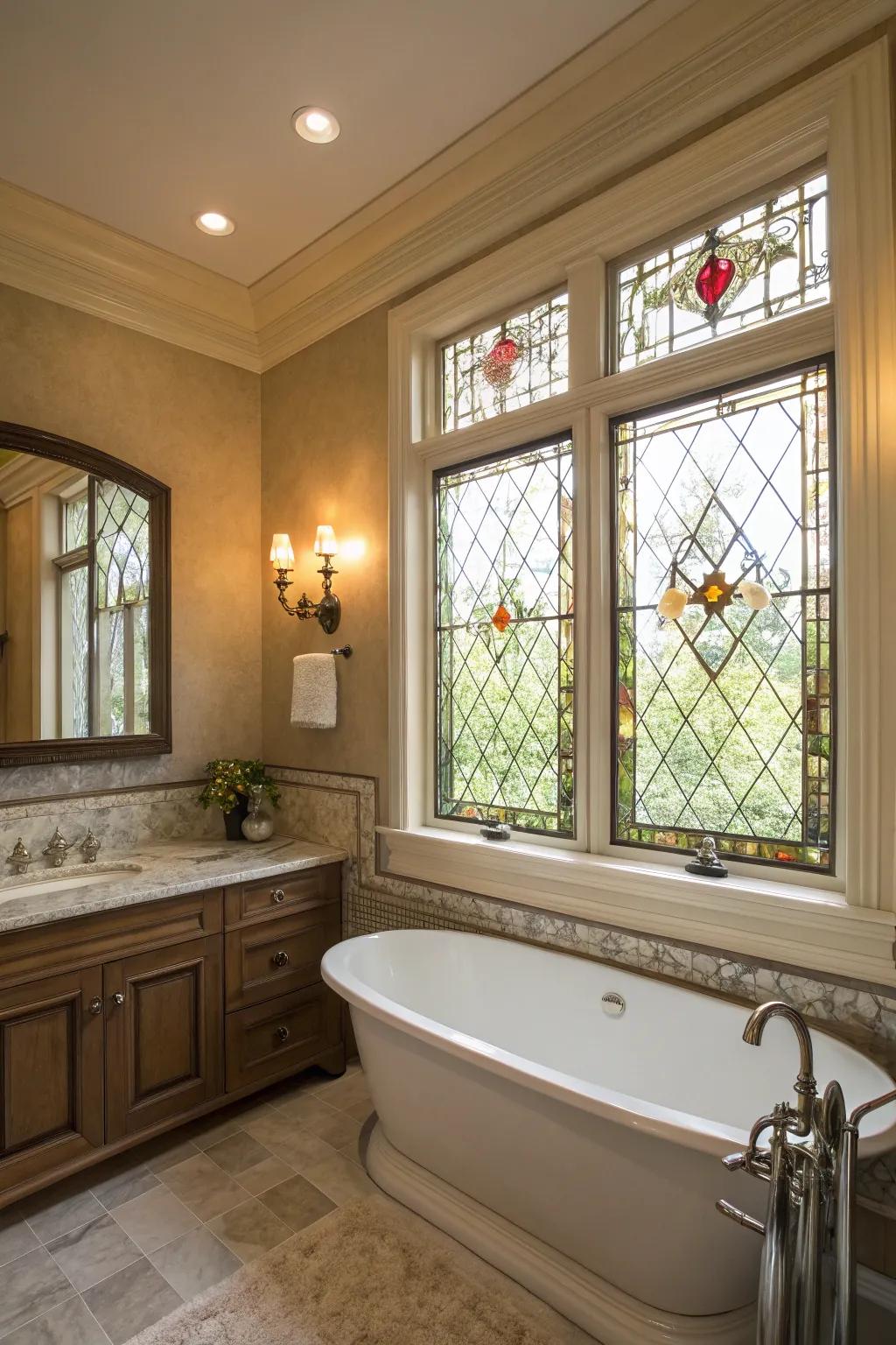Stained glass trim adds opulence and artistic flair.