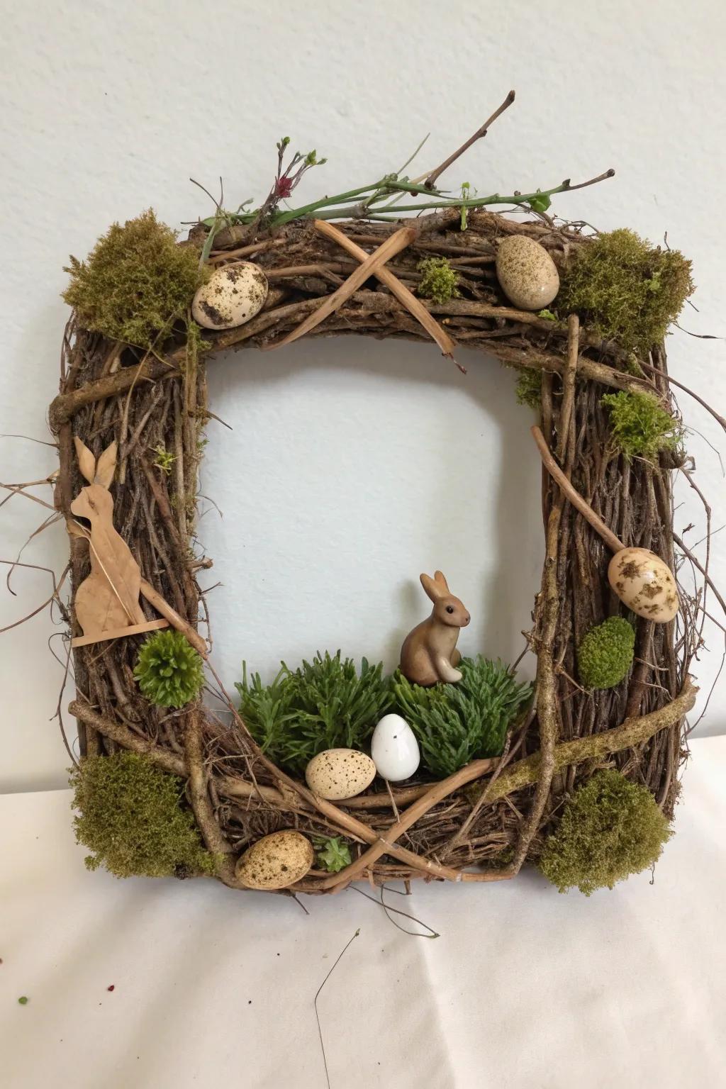 A forest-themed square wreath injects a hint of the outdoors and whimsy.