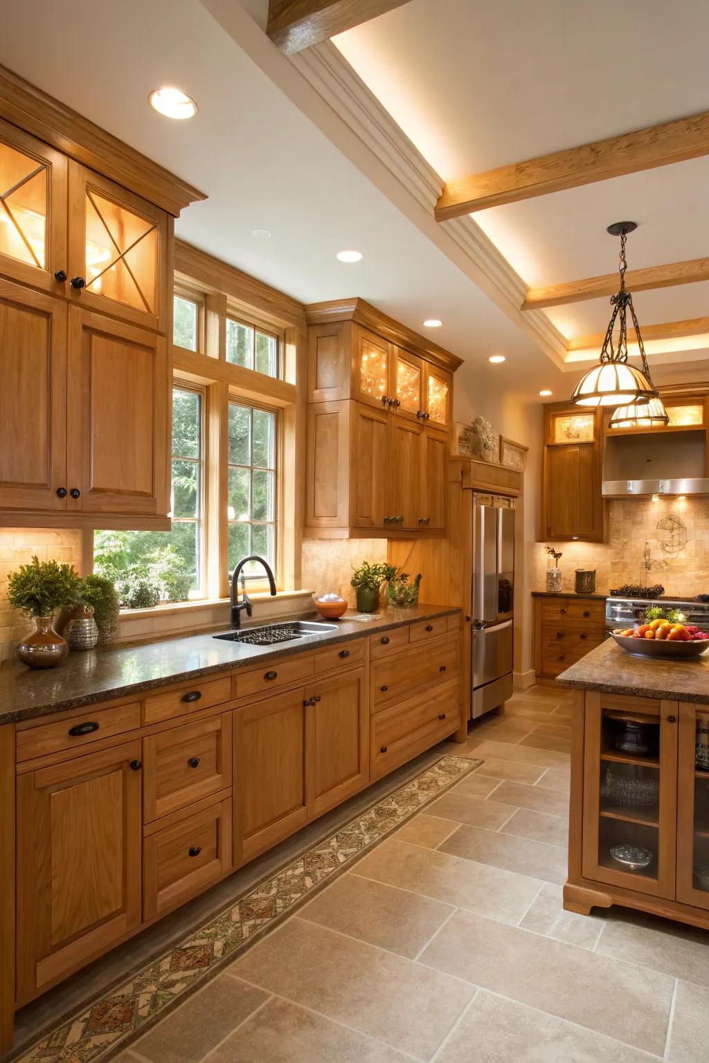 Natural wood shades enhance the spacious height of the kitchen.
