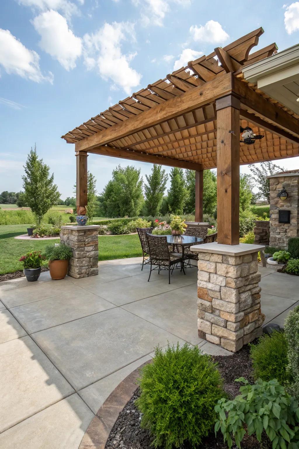 A harmonious blend of dyed concrete with natural wood and stone.