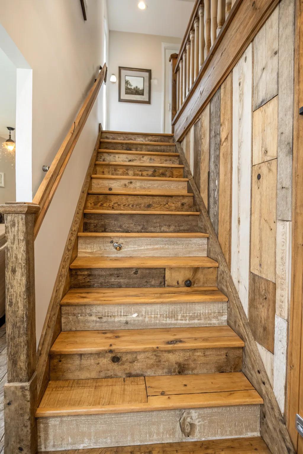 Repurposed timber panels introduce unique rustic allure.