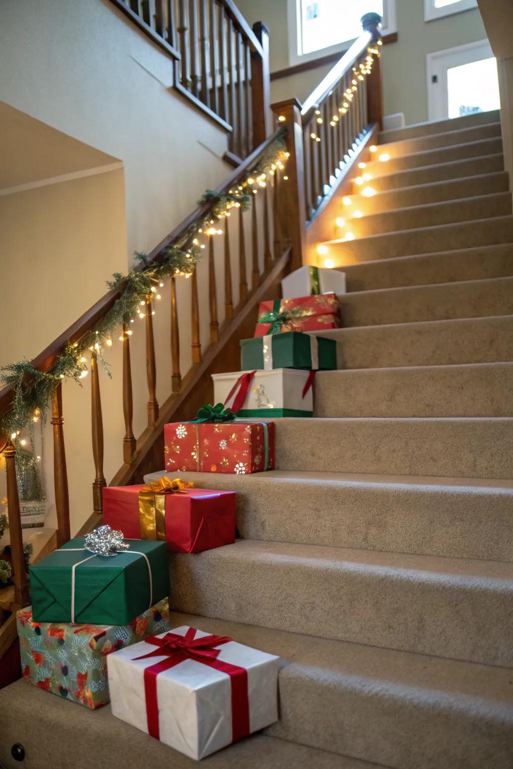 Wrapped gift boxes add a playful touch to the staircase.