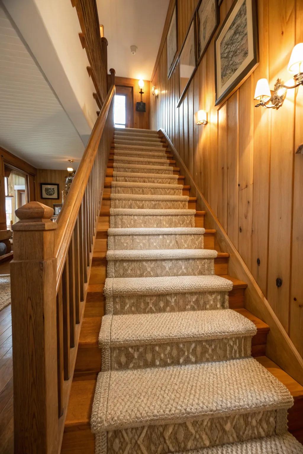 Layer textures in stair runners for added depth and interest.