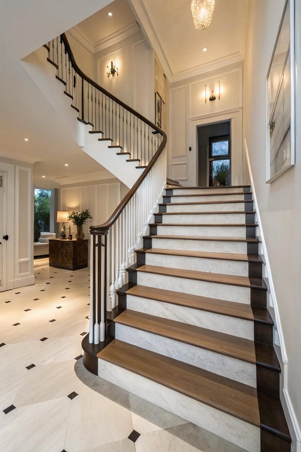 Two-tone colors contribute dimension and intrigue to this staircase layout.
