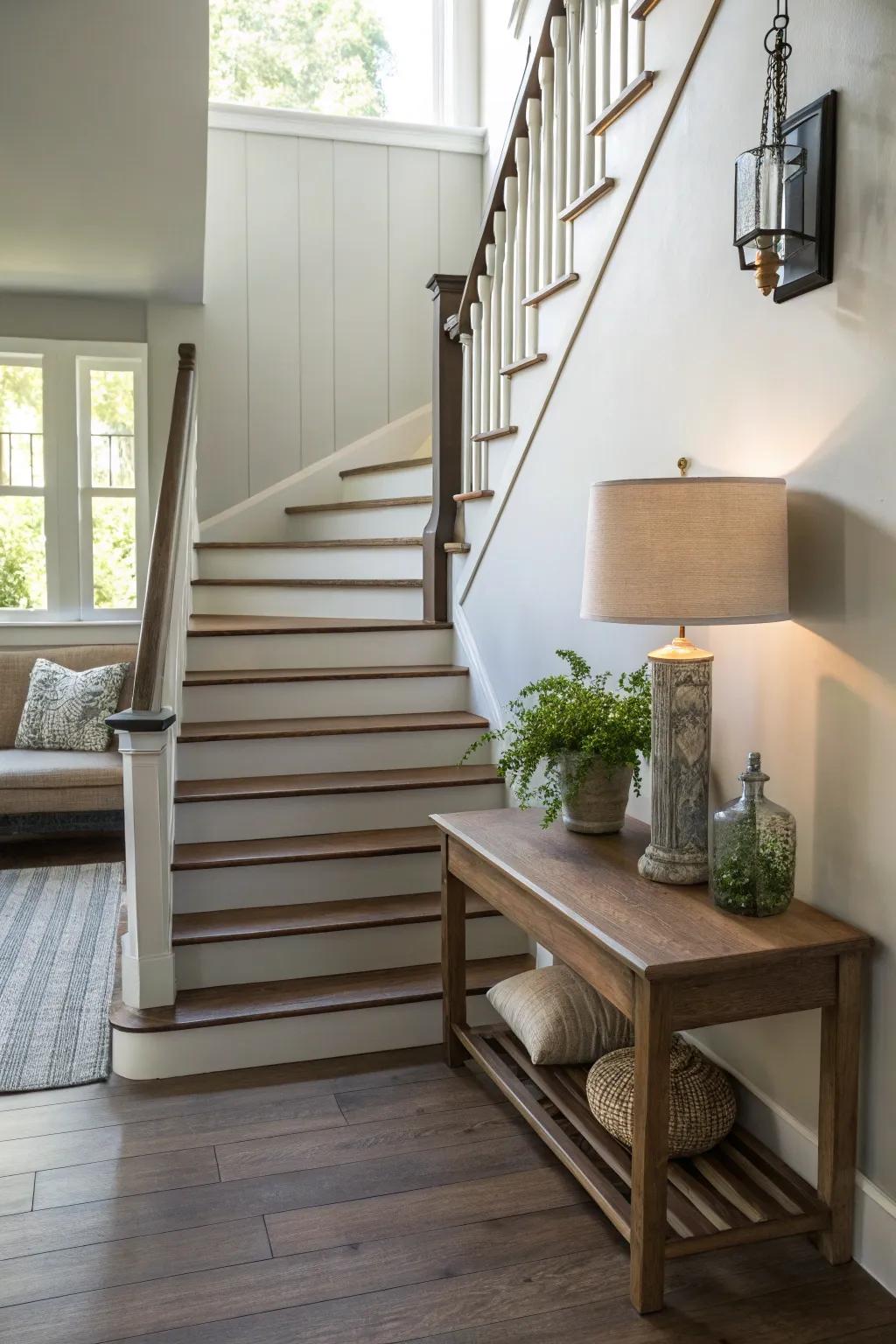 Combine both style and function with furniture placed near the stairs.