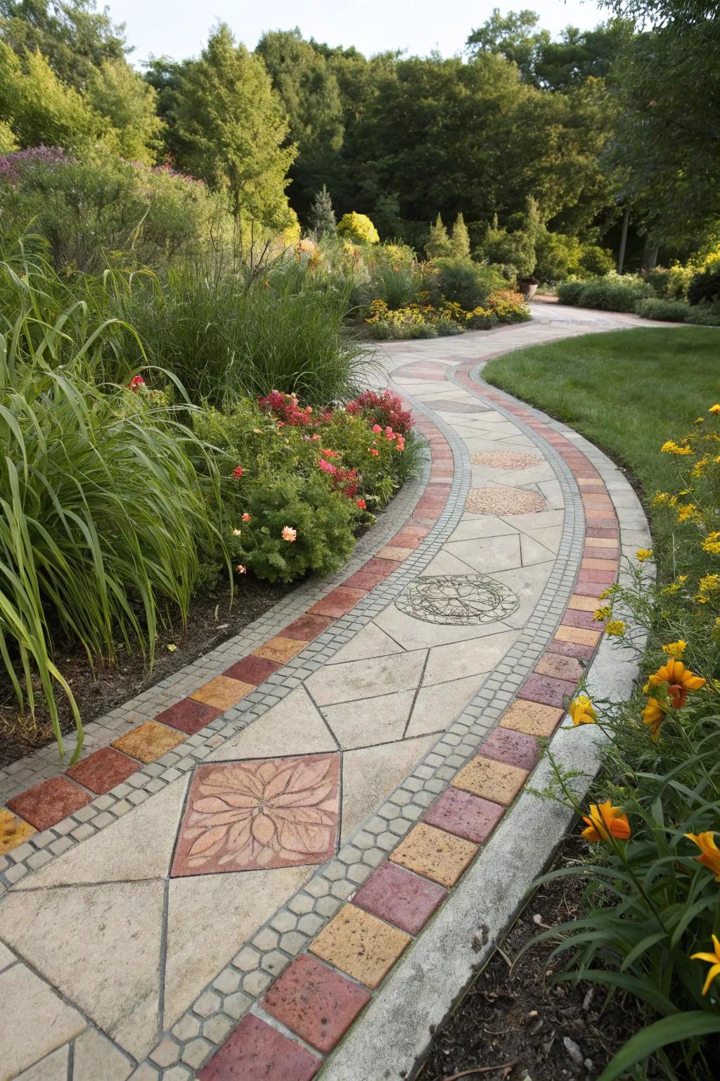 Pathway featuring a dynamic color blend stamped concrete border