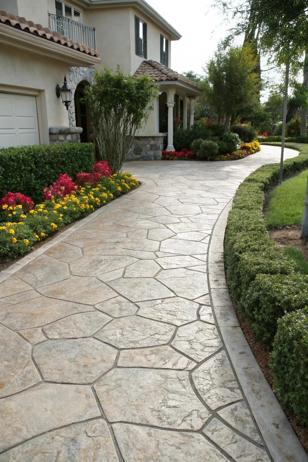 Natural stone designs offer a luxurious look in this driveway.