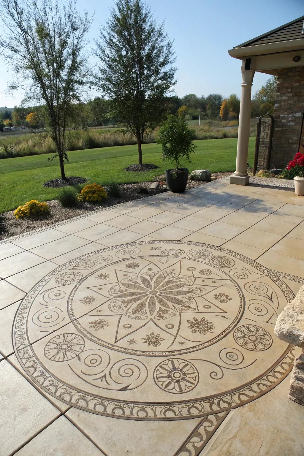 A stamped concrete patio with a striking medallion design.